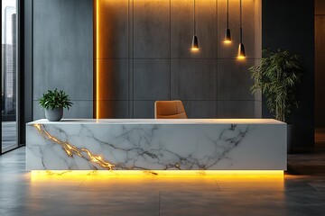 Minimalist Marble Counter with Ambient Lighting, Potted Plants, Modern Interior Design