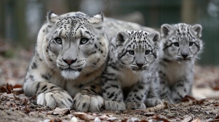 Fototapeta premium A tender family moment captured as a snow leopard and her two cubs gaze directly at the camera, highlighting their stunning fur patterns and regal demeanor.