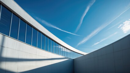 Obraz premium Building's Exterior Architecture Showcasing a White Office Facade and Modern Rooftop with Row of Glass Windows on a Concrete Wall in Front of a Sky Blue Background, Viewed from Low Angle and Side