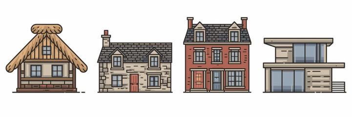 Fototapeta premium Vector icon set of traditional house, cottage, townhouse, and modern villa – Great for architecture infographics, real estate visuals, or housing-themed interfaces