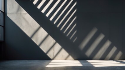 Obraz premium Abstract diagonal light and shadow pattern on wall from window, dark gray architectural backdrop with sunshine geometric overlay for design