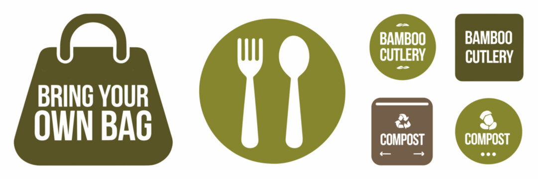 Zero waste icon set with reusable bag, bamboo cutlery, and compost bin