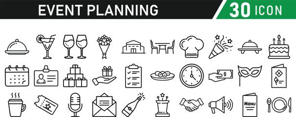 Events and Planning icon set. Includes balloon, confetti, party hat, gift, event ticket, decoration, and more. Editable stroke. Vector illustration