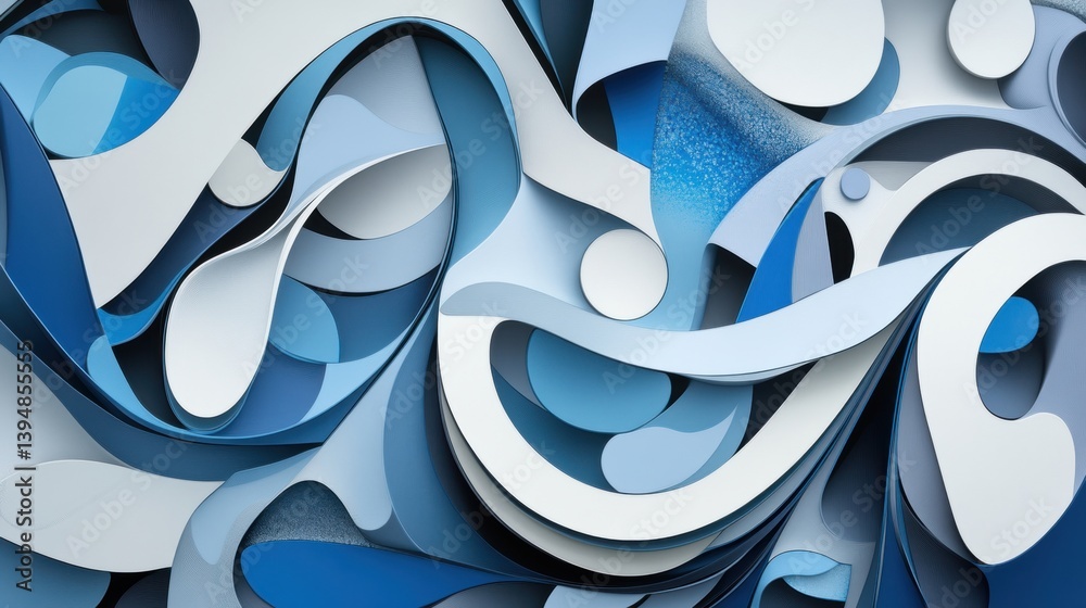 Poster abstract blue and white paper art with dynamic curves and shapes creating a modern and elegant desig