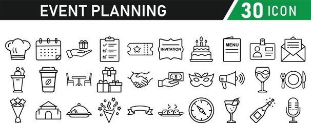 Events and Planning icon set. Includes balloon, confetti, party hat, gift, event ticket, decoration, and more. Editable stroke. Vector illustration