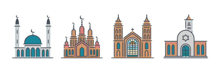 Obraz premium Religious architecture icons with stained glass and towers – Great for religious tourism, cultural publications, or architecture studies