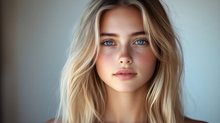 Naklejka premium Blonde model posing with freckles and blue eyes showing natural beauty