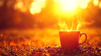 Obraz premium Steaming cup outdoors on grounds; sunset, glowing background for web content, promotions, or greetings