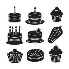 black silhouette cake and dessert icon set featuring cupcakes, birthday cakes, pies.