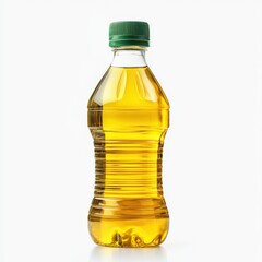 A bottle filled with yellow liquid and a green cap is displayed isolated on white background