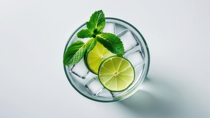 Isolated top view of Caipirinha and Mojito drink featuring lime and mint on a white background with clipping path