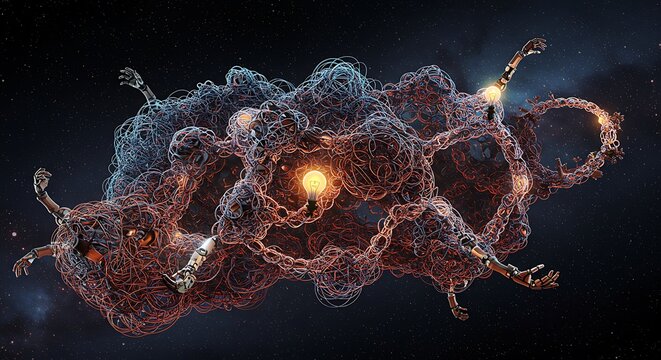 Robotic Arms Holding Light Bulbs in Tangled Wire Network Floating in Space