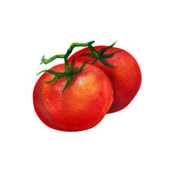 A pair of ripe, red tomatoes with green stems, showcasing their vibrant color and freshness.