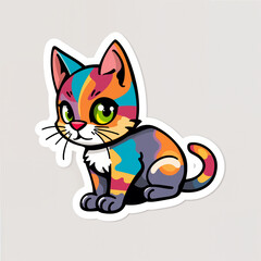 Fototapeta premium multicolored cat sticker, with white border, on a dark background