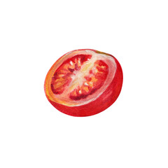 A watercolor illustration of a sliced tomato, showcasing its vibrant red color and juicy interior.