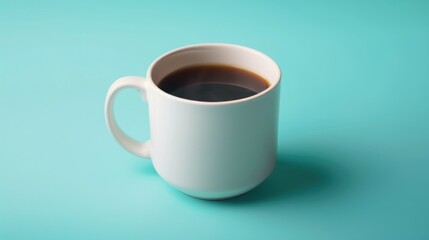 White cup with black coffee on a blue background. Morning breakfast.Empty space for the text.