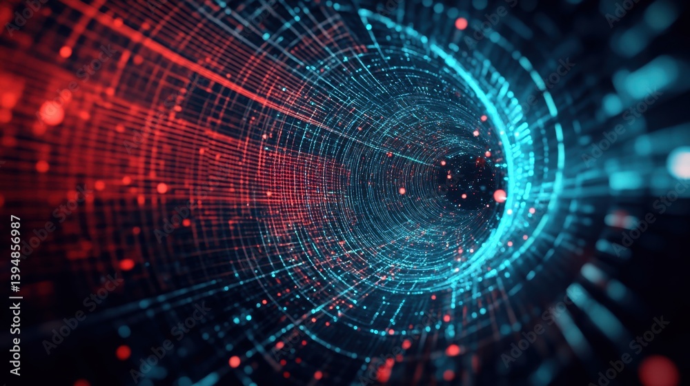 Poster abstract digital tunnel of glowing red and cyan lines a futuristic technology concept with depth of 