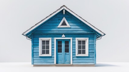 Old wooden house in blue with two plank-built windows, isolated on a white surface.