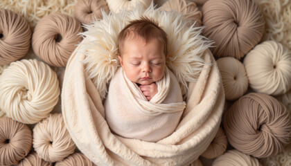 Sleeping baby wrapped in soft blanket among yarn balls, innocence