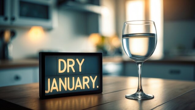 Tackle the Dry January Challenge. Glass of water in a wine glass. Month of non-alcohol. Healthy lifestyle theme. Alcohol-free new year. 31 days without alcohol.