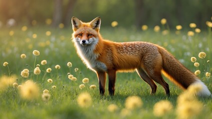 Fototapeta premium Reddish Fox in a Greenery Scene Accented by Yellow Floral Elements