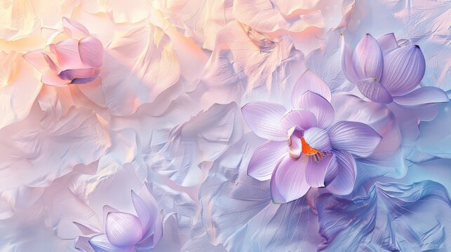 An ethereal composition of delicate lotus flowers in soft pastel hues, capturing the serene beauty and tranquility of nature's artistry.