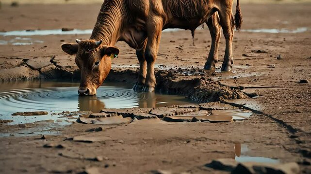 Brown cow drinking from a shallow muddy water puddle in a cracked dry landscape with parched earth and harsh lighting in rural environment

