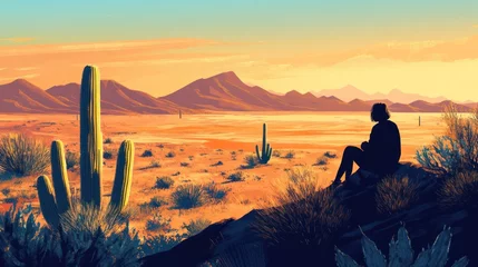 Fototapeten Silhouetted woman sits on a desert rock at sunset, observing a vast desert landscape with mountains in the background. © Alzam
