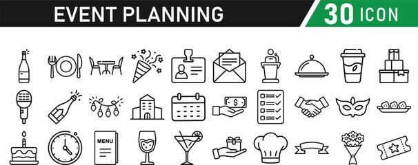 Events and Planning icon set. Includes balloon, confetti, party hat, gift, event ticket, decoration, and more. Editable stroke. Vector illustration