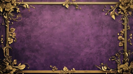 Vintage purple floral wallpaper with ornate gold frame featuring delicate blooming flowers in classic baroque style
