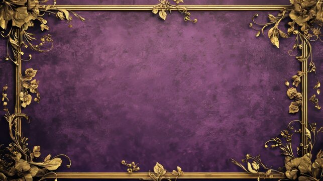 Vintage purple floral wallpaper with ornate gold frame featuring delicate blooming flowers in classic baroque style