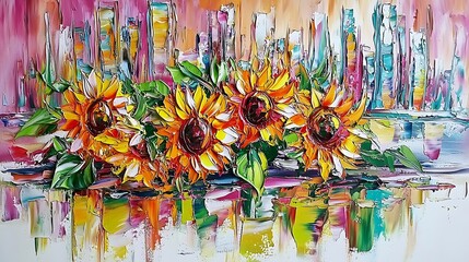 Fototapeta premium Sunflowers Cityscape Sunset Painting Art Print