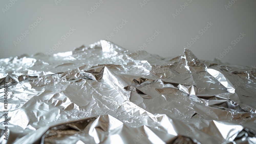 Poster abstract wrinkles on a reflective surface of crinkled silver metallic foil.