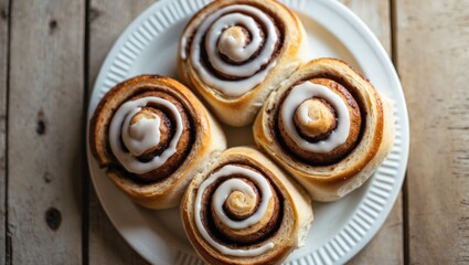 Fototapeta premium Cinnamon buns displayed on a plate on a wooden tabletop