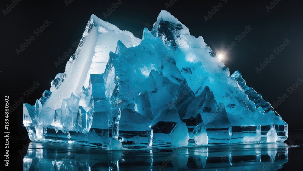 Poster clear ice block with natural features in icy blue colors on a reflective black backdrop.