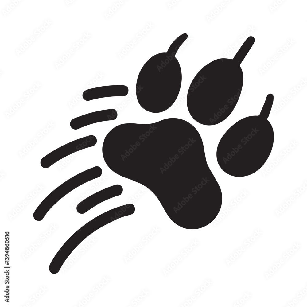 Fototapete A logo with a stylized wolf paw print with motion lines trailing behind it. The paw print is bold and simple, with clean lines.