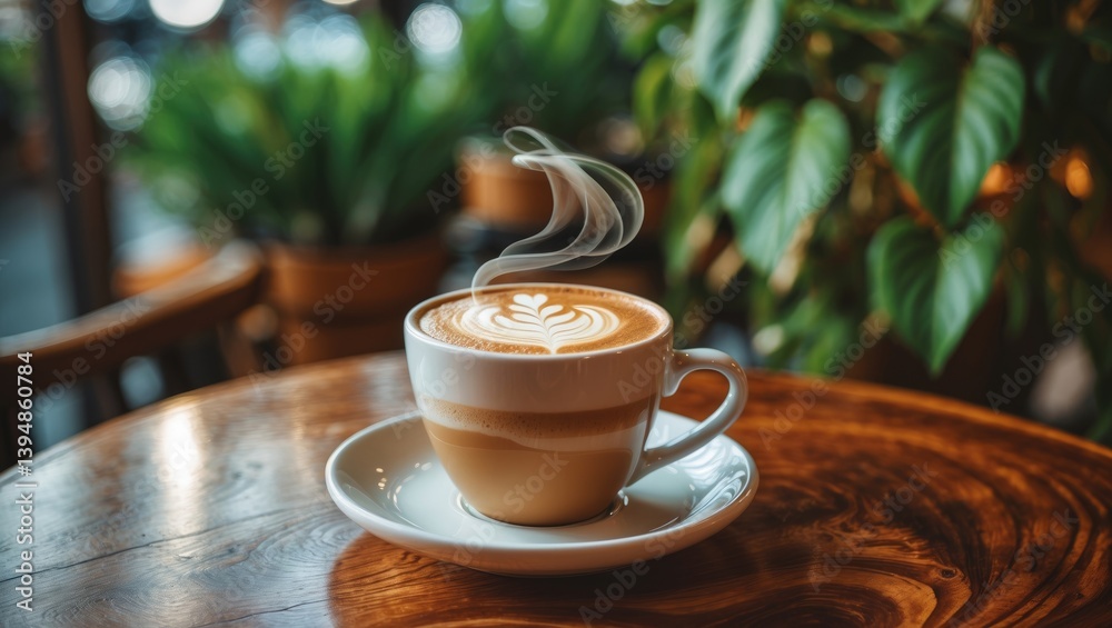 Aufkleber front view of a cappuccino coffee cup on a wood table set against green plants in a cafe. space for 