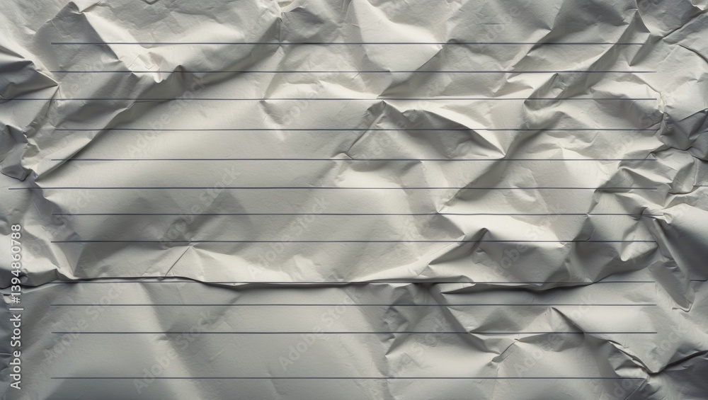 Poster crumpled lined paper texture backdrop, vacant notebook sheet