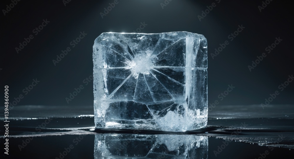 Poster Clear textured ice block with frost and cracks on a mirrored surface.