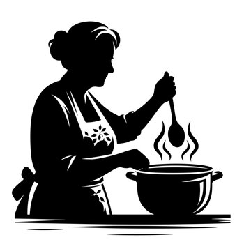 recommend clip art: Elderly woman cooking soup in pot silhouette