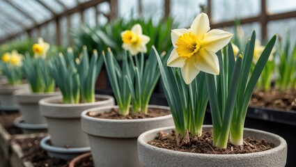 Fototapeta premium In flowerpots, daffodils emerge from bulbs. Horizontal. Close-up.