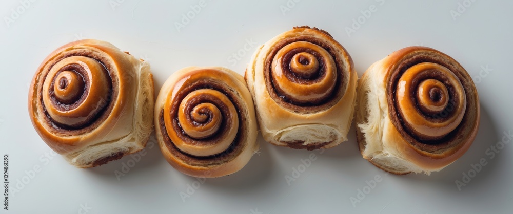 Poster artistic arrangement of cinnamon buns on a white backdrop. flat lay. culinary concept.