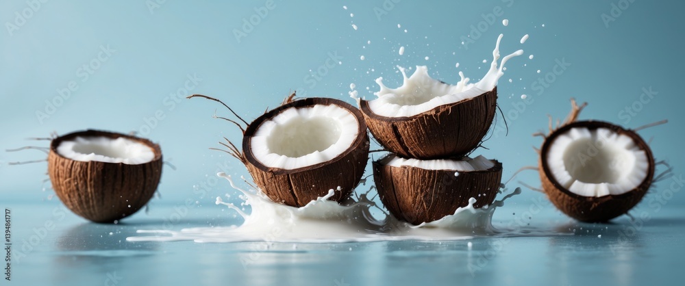 Poster coconut split open with milk droplets in the backdrop.