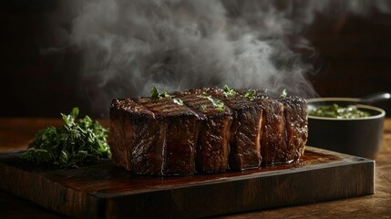 High-end steak buffet with tender, juicy cuts seared to perfection, elegantly served with side garnishes under warm lighting.