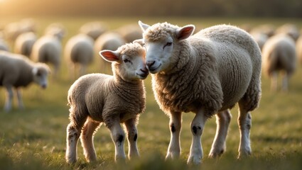 Obraz premium Two young lambs in a cuddling pose, gazing at one another in gentle illumination. Portrait style