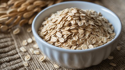 Ceramic bowl of rolled oats atop a woven rustic surface. Excellent choice for breakfast, healthy treats, or organic recipes.