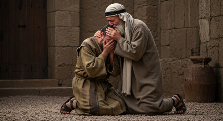 Tender reconciliation. The Father embraces his kneeling son, offering absolution, forgiveness and comfort. Story of the prodigal son and christian bible concept.