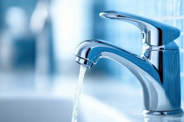 Gleaming chrome faucet dispenses fresh water in a modern bathroom setting with cool blue tones and blurred background creating a serene and clean atmosphere