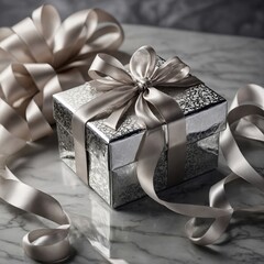 silver gift box with ribbon on white background