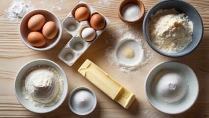 Baking backdrop with empty space. Cooking components for dough and pastry, including eggs, flour, and butter on rustic wood. Overhead view, template for menu or culinary courses.